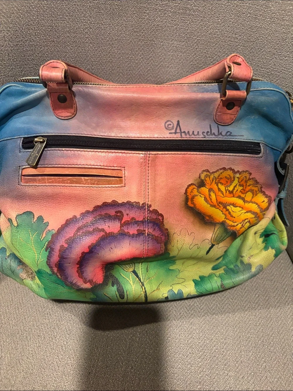 ANUSHKA Floral Leather Satchel Handbag - Pink, Yellow, Blue